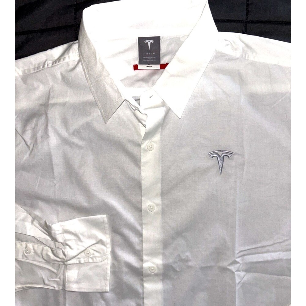 TESLA Logo White Casual Work Button Up Long Sleeve Collared Dress Shirt Men's XL